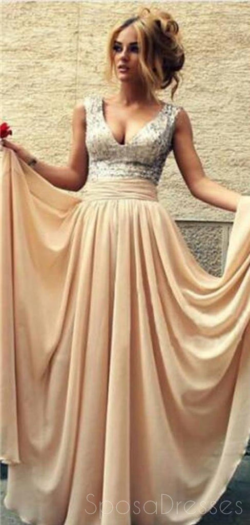 2017 largo plata lentejuelas Scoop escote gasa Prom vestidos de dama de honor, PD0080