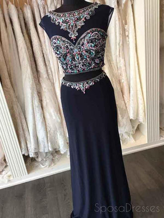 Sexy Two Pieces Heavily Beaded Navy Mermaid Long Cheap Evening Prom Dresses, 17538