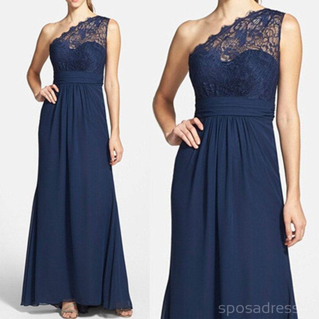 Elegante Marinha Azul de Um Ombro só com Laço de Cetim Uma Linha do Assoalho-Comprimento Baratos Vestidos de Dama de honra, WG64