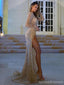 Gorgeous Mermaid Champagne Gold Long Sleeves High Slit Maxi Long Prom Dresses,13213