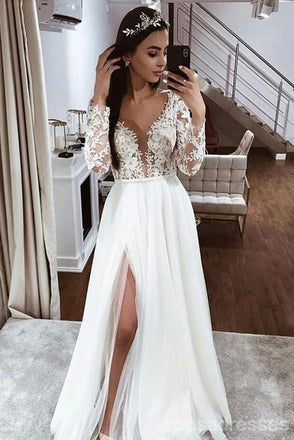 Long A-line Side Slit Long Sleeves Handmade Lace Wedding Dresses Online,WD749