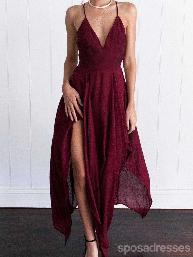 Simple rojo oscuro alto cómo hendidura lateral vestidos de fiesta baratos 2018, CM512