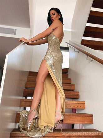 Sexy Gold Mermaid Spaghetti Straps High Slit Maxi Long Prom Dresses,13255