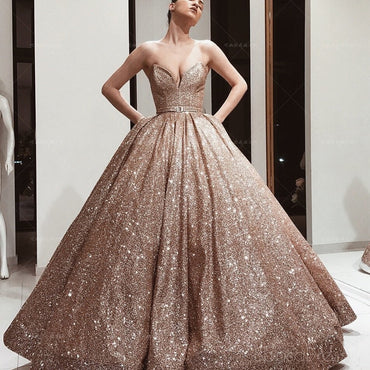 Gold Sequin Ball Gown Sparkly Long Evening Prom Dresses, Evening Party Prom Dresses, 18619