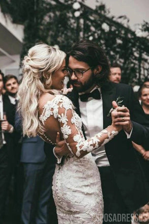 Sexy Long Sleeves Open Back Mermaid Wedding Dresses Online, Cheap Wedding Gown, WD659