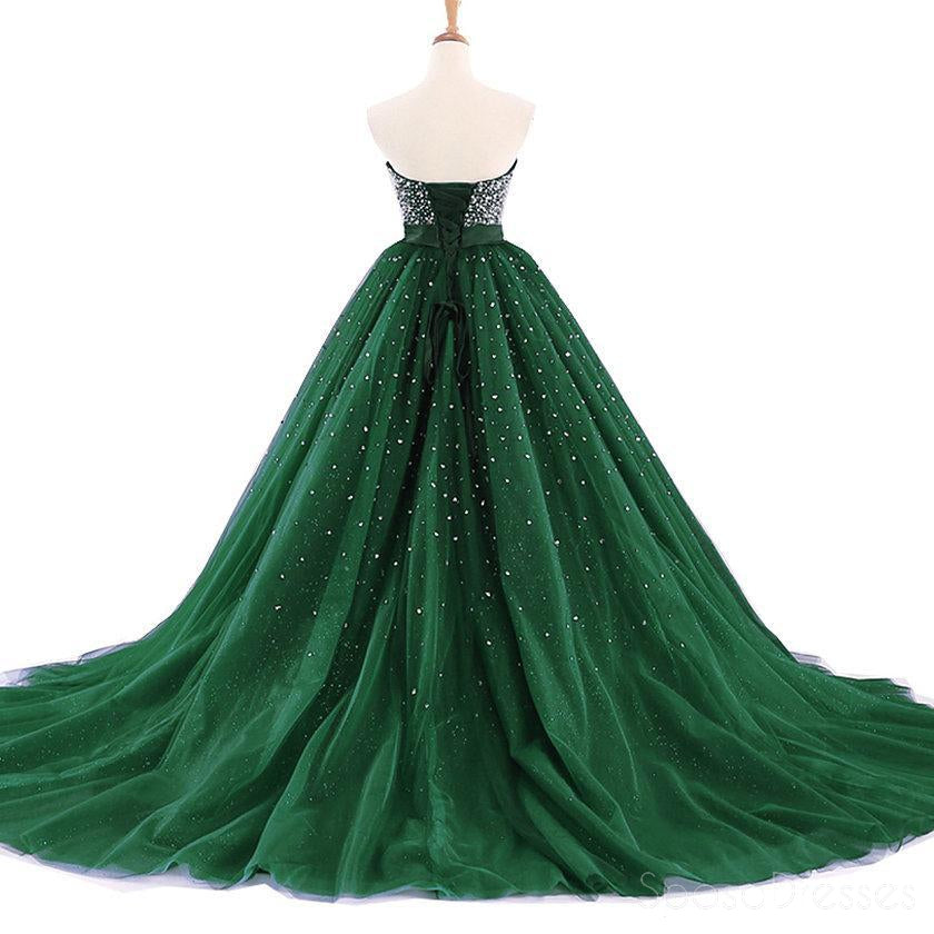 Vestidos de fiesta de noche baratos sin tirantes con cuentas de tul verde esmeralda sin tirantes, dulces 16 vestidos, 17494