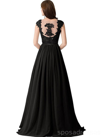 Cap Sleeve Lace Beaded See Through Black Chiffon Long Bridesmaid Dresses, WG286