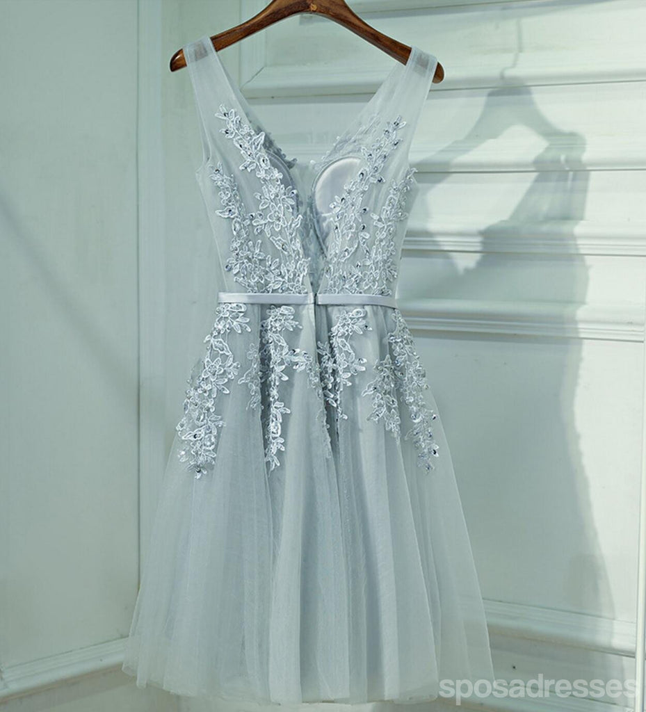 Lindo Encaje Gris Escote en v Corto Regreso a casa vestidos de fiesta, Vestidos Asequibles Corsé de nuevo de Fiesta Corto vestidos de fiesta, Vestidos Perfectos Vestidos de Regreso a casa, CM247