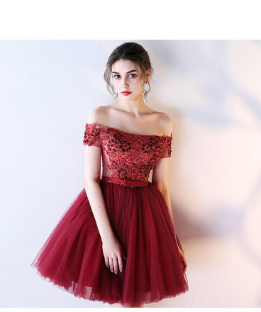 Off Shoulder Lace Beaded See Through Red Homecoming Dresses Online, Cheap Short Prom Dresses, CM790