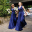 En la Venta de Gasa de los Hombros Fuera de Cuello en V Simple Turístico Formal de Una Línea Azul Real Largos Vestidos de Dama de honor, WG73