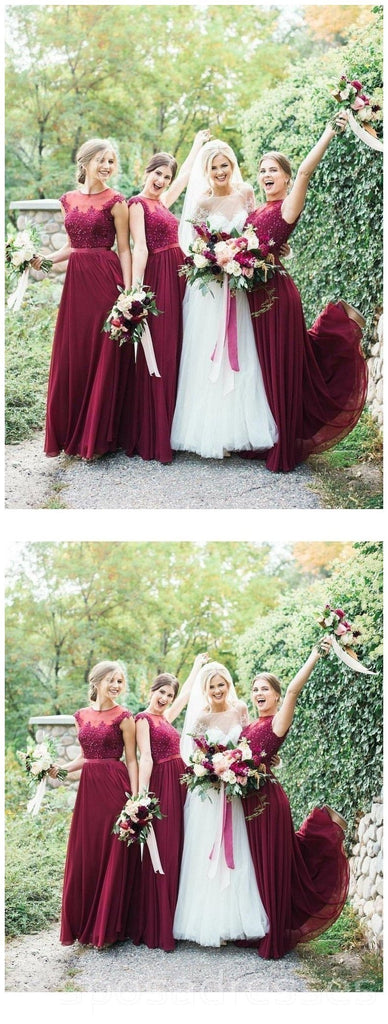 Jewel Cap Sleeves Dark Red Chiffon Floor Length Cheap Bridesmaid Dresses, WG560