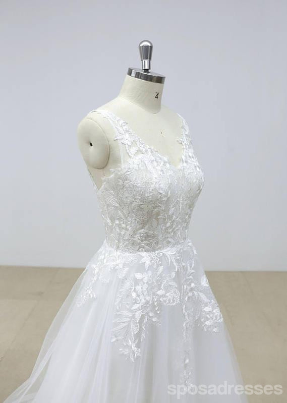 Cordón sin espalda elegante V tul del cuello alinea trajes de novia baratos en línea, WD390