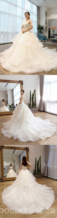 Two Straps Tulle Lace A line Long Tail Wedding Dresses, Custom Made Long Wedding Gown, Cheap Wedding Gowns, WD204