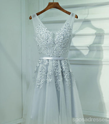 Cute Gray Lace v Neckline Short Homecoming Prom Dresses, Affordable Corset Back Short Party Prom Dresses, Perfect Homecoming Dresses, CM247