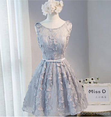 Open Back Gray Lace Scoop Neckline Homecoming Prom Dresses, Affordable Short Party Prom Dresses, Perfect Homecoming Dresses, CM274