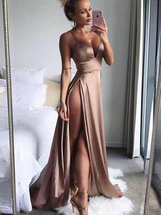 Simple Sexy Side Slit V Neck Affordable Long Evening Prom Dresses, 17457