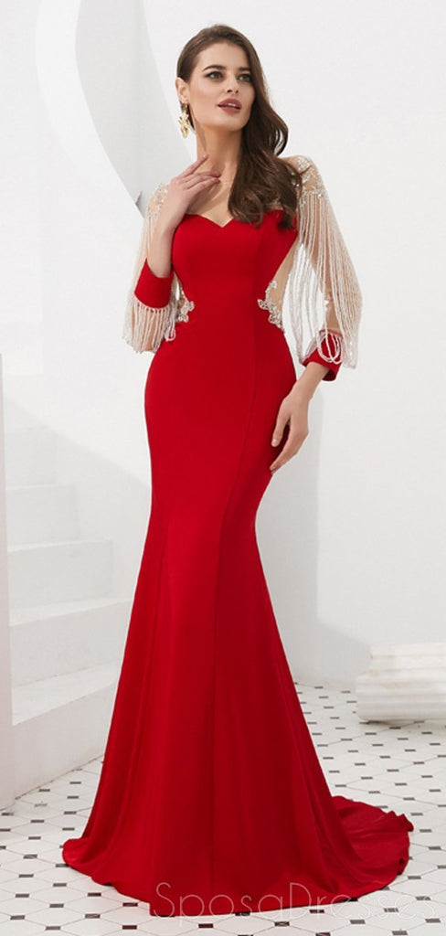 Mangas largas rojas ver a través de la espalda cuentas sirena vestidos de fiesta de fiesta, vestidos de fiesta de la noche, 12082