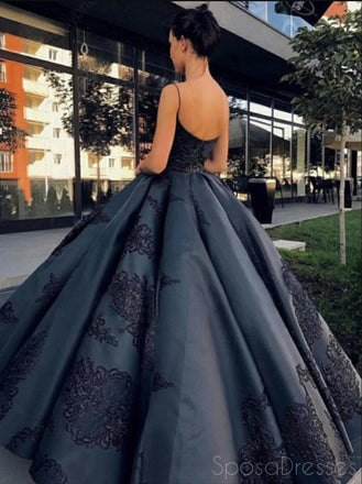Black A-line Spaghetti Straps Ball Gown Long Evening Prom Dresses, Evening Party Prom Dresses, 12193