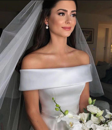 Off Shoulder Simple Satin A-line Cheap Wedding Dresses Online, Cheap Bridal Dresses, WD512