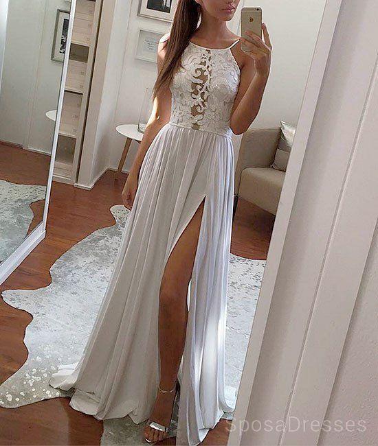 Sexy Backless Side Slit  White Evening Prom Dresses, Cheap Custom Sweet 16 Dresses, 18491
