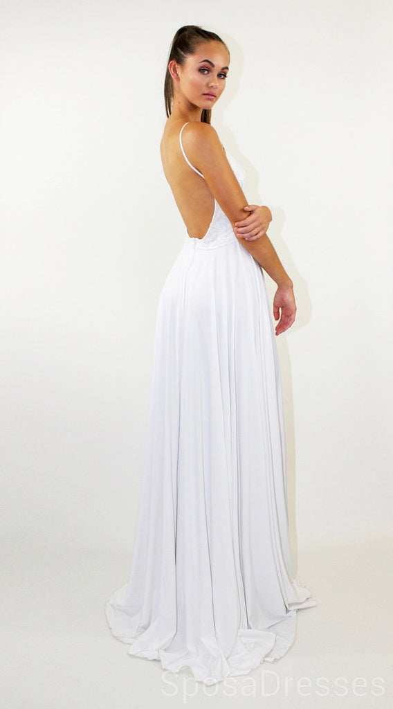 Sexy Backless Side Slit  White Evening Prom Dresses, Cheap Custom Sweet 16 Dresses, 18491