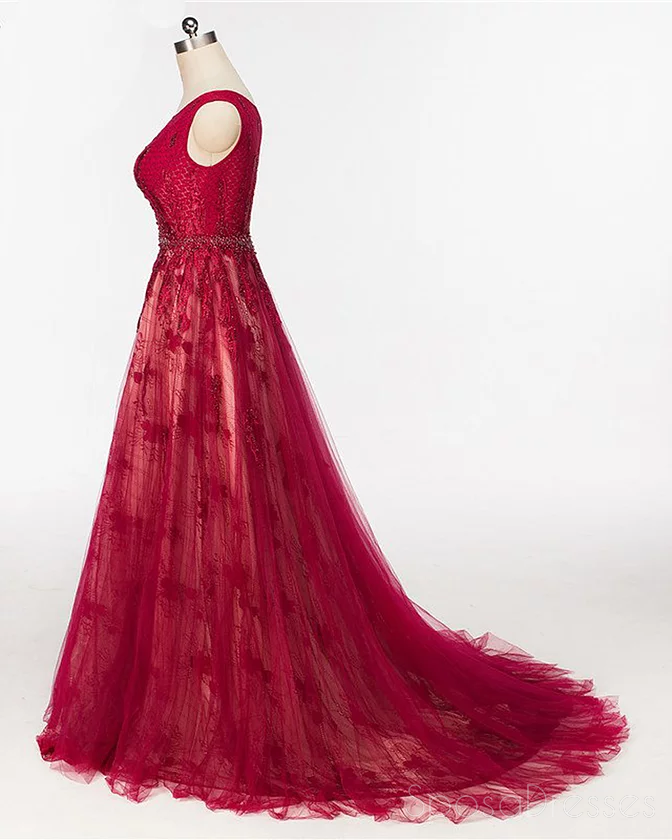 Scoop Cap Sleeves Vestidos de fiesta largos de noche con cuentas de encaje rojo, Sweet Sweet Custom 16 vestidos, 18524