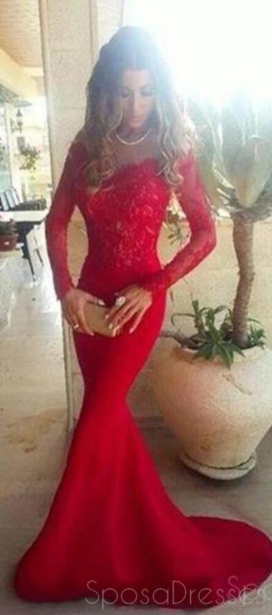 Rojo de Manga Larga de Encaje de Sirena vestidos de fiesta, Vestidos de manga Larga de Noche, Vestidos de Fiesta, 17008