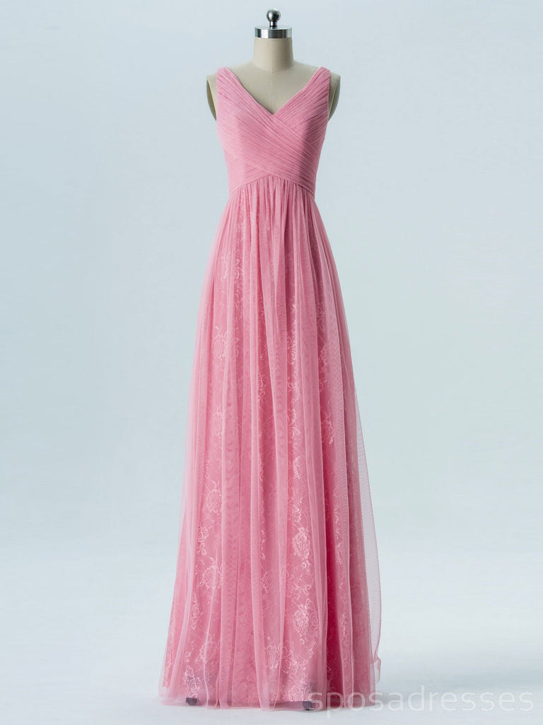V cuello de encaje rosa vestidos de dama de honor largos baratos en línea, WG288