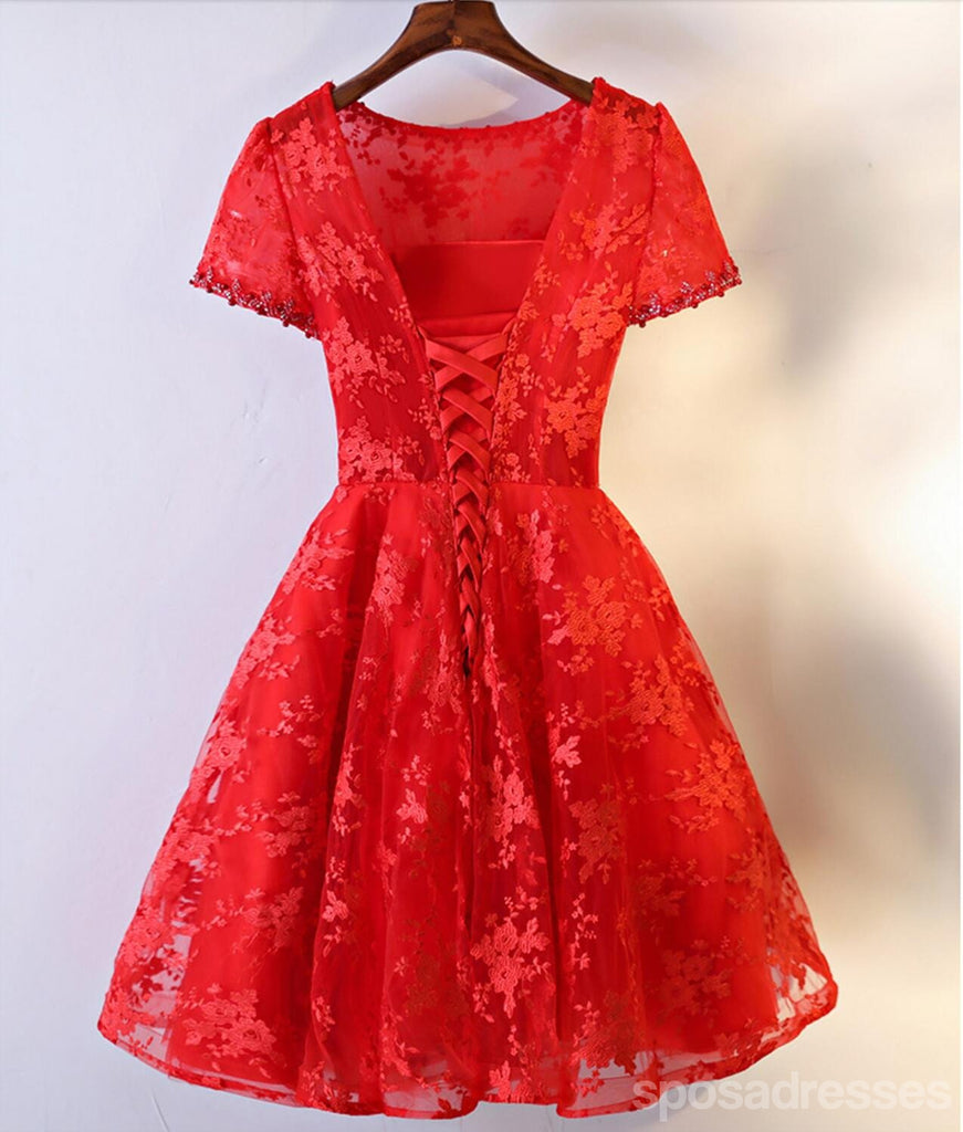 2017 Vestidos de baile de bienvenida de línea roja de encaje corto de manga corta, Vestidos de baile de corsé asequibles de espalda corta, Vestidos de bienvenida perfectas, CM249