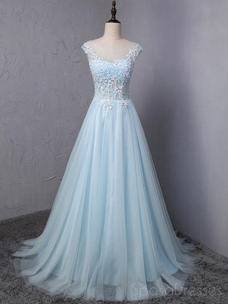 See Through Cap Sleeve Light A-line Long Evening Prom Dresses, 17623