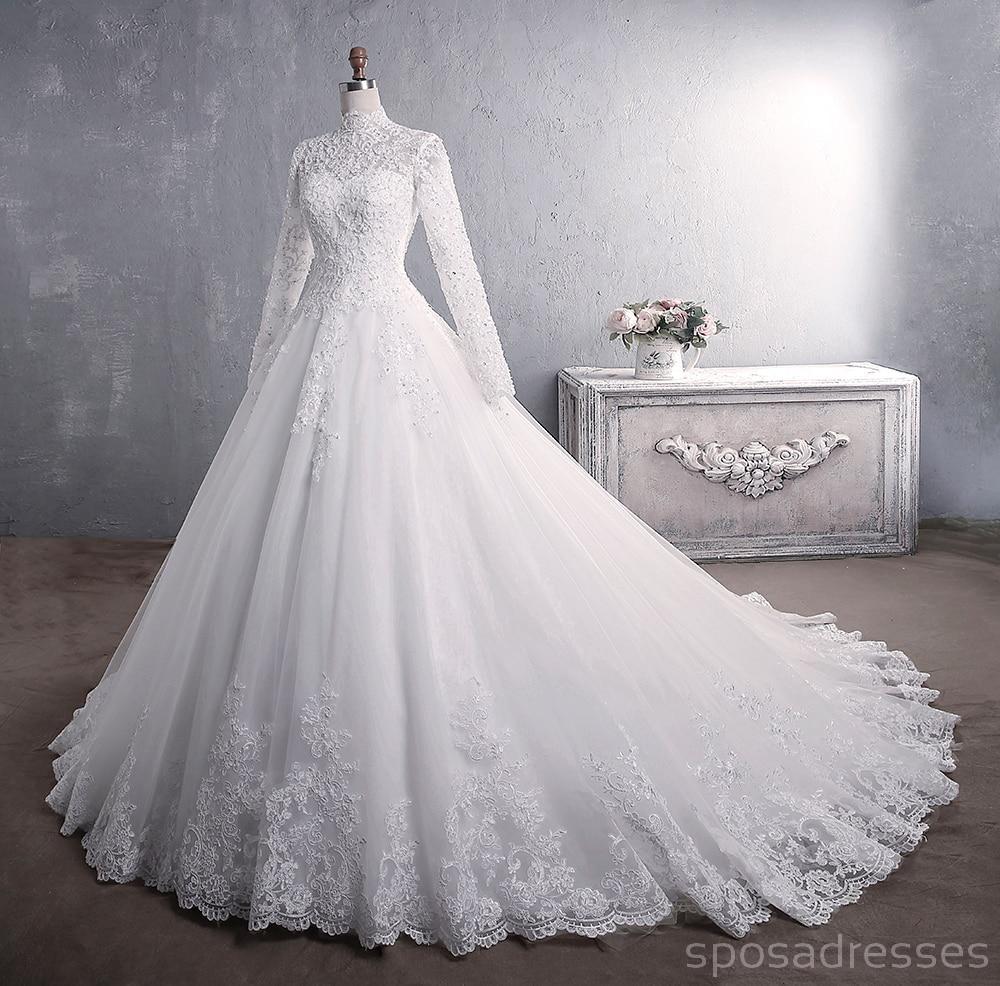 Barato mangas largas cuello alto modesto vestidos de novia en línea, vestidos de novia baratos, WD517
