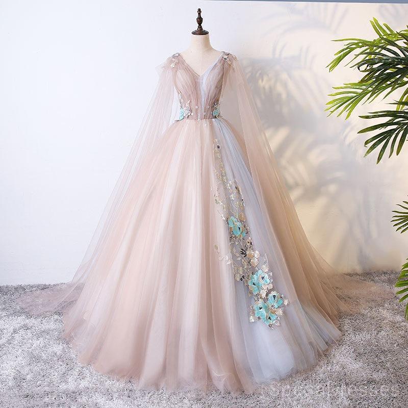 Tulle V Neck Long Ball Gown Evening Prom Dresses, Cheap Custom Sweet 16 Dresses, 18499