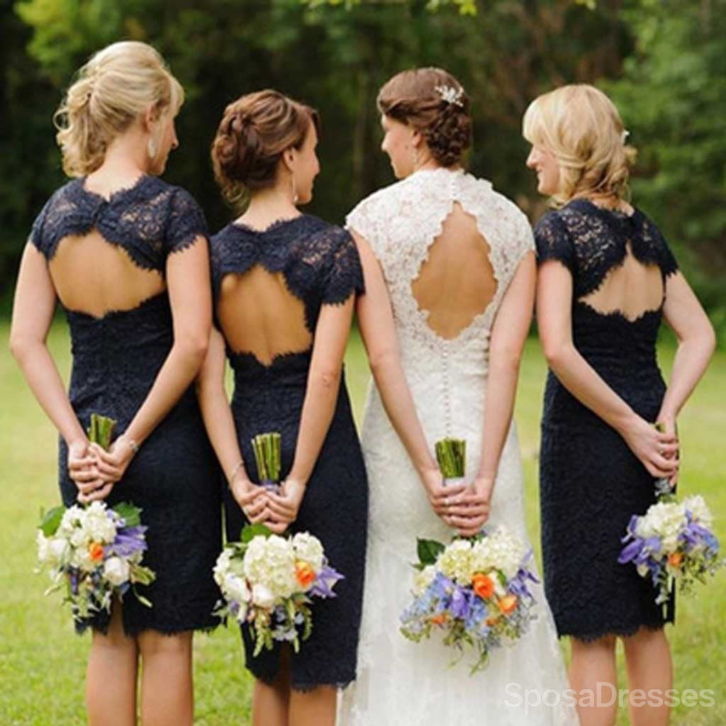 Charming Elegant Lace Navy Blue Knee-Length Cheap Bridesmaid Dresses, WG095