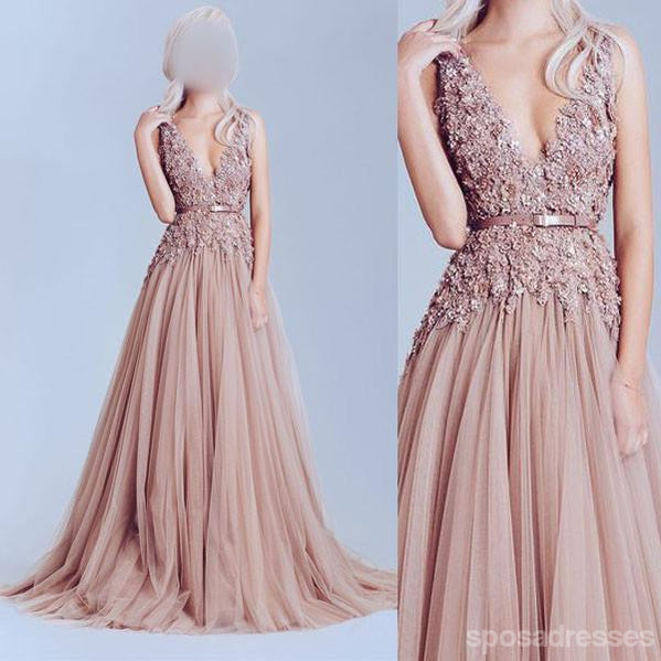 Profundo Escote en V de Encaje vestidos de fiesta, Vestidos rosa empolvado Vestido de fiesta Una línea de Noche, vestidos de fiesta, Vestidos 17009