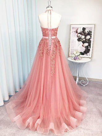 Pink Halter A-line Sleeveless Long Prom Dresses Online,Dance Dresses,12671