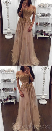 Off Shoulder Gold Lace Beaded Long Evening Prom Dresses, Popular Cheap Long Custom Party Prom Dresses, 17329