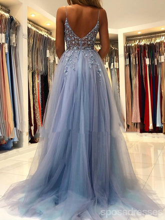 See Through Dusty Blue A-line Spaghetti Straps High Slit Long Prom Dresses,12940