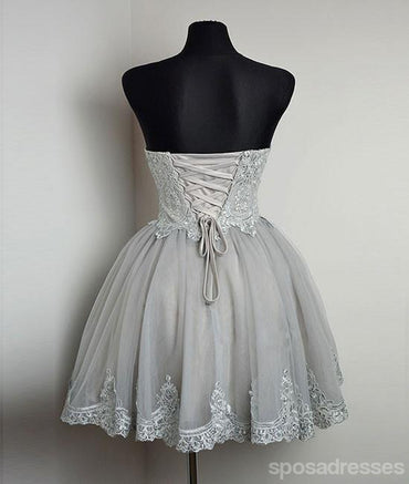 Strapless Gray Lace Tulle Homecoming Prom Dresses, Cheap Short Prom Dresses, CM350