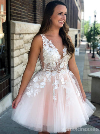 De color Rosa pálido Cuello en V de Encaje de Ver a Través de Cortos Vestidos de Regreso a casa Online, CM639