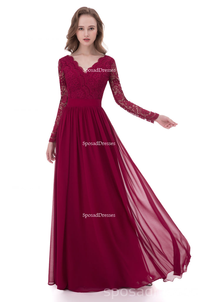 Long Sleeve Lace Dark Red Custom Long Bridesmaid Dresses, BD116