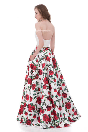 Simple Halter Printed Flower Sexy Two Pieces Long Evening Prom Dresses, Popular Cheap Long 2018 Party Prom Dresses, 17256