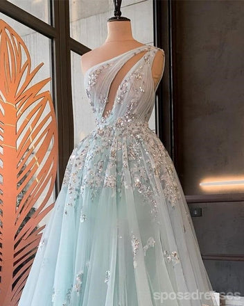 Elegant Light Blue A-line One Shoulder Maxi Long Prom Dresses,Evening Dresses,13149
