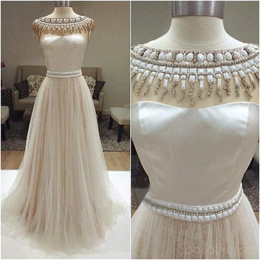 Vestidos de la fiesta de promoción de marfil largos, trajes de novia adornados con cuentas encantadores, vestidos de la fiesta de promoción del tul, WD0126