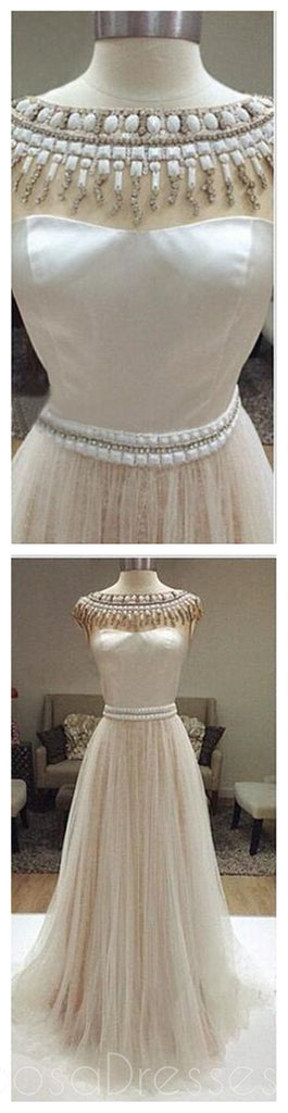 Vestidos de la fiesta de promoción de marfil largos, trajes de novia adornados con cuentas encantadores, vestidos de la fiesta de promoción del tul, WD0126
