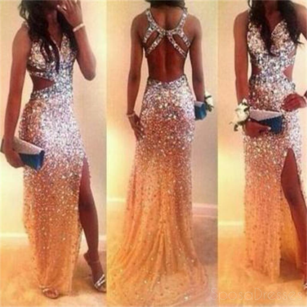 Vestidos de fiesta largos de fiesta de noche largos con cuentas de sirena con cuentas de rinestone sin espalda sexy, PD0117