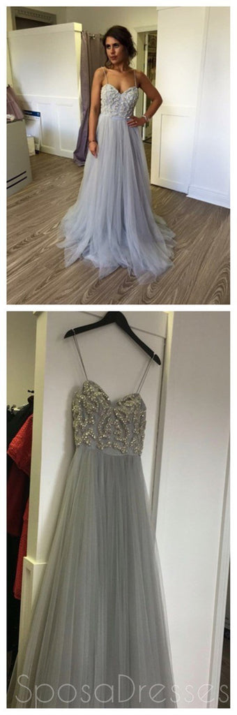 Hoteles de Correas Espaguetis Gris con Cuentas vestidos de fiesta, Vestidos Baratos de Tul Vestidos de Baile,PD0166