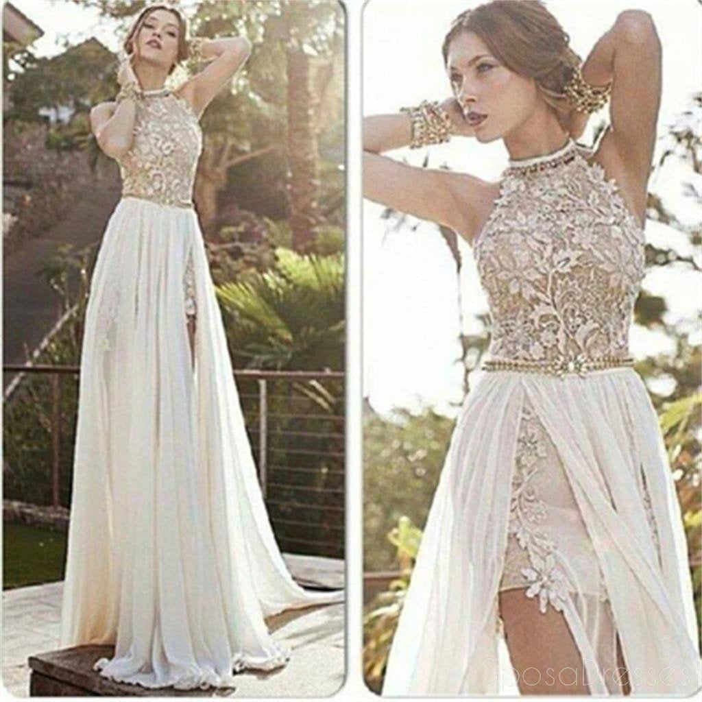Vestidos de fiesta de gasa larga sin espalda de encaje sexy, vestidos de fiesta de escote lateral con cuello halter y abertura alta, PD0018