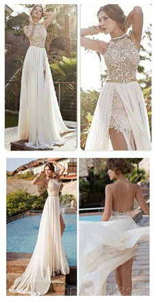 Vestidos de fiesta de gasa larga sin espalda de encaje sexy, vestidos de fiesta de escote lateral con cuello halter y abertura alta, PD0018