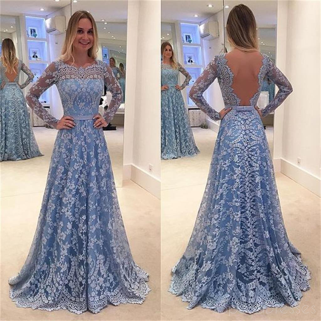 Azul de Encaje vestidos de fiesta, Vestidos de manga Larga vestidos de fiesta,Vestidos de Una línea de vestidos de fiesta,Vestidos PD0182