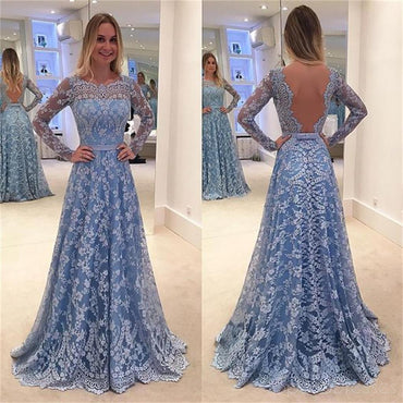 Le bleu de la Dentelle Robes de Bal, Manches Longues Robes de Bal,A-ligne Robes de Bal,PD0182